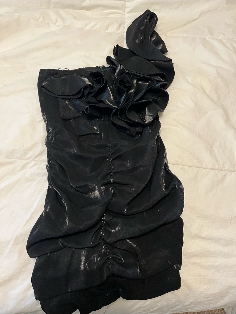 Mango One-Shoulder Black Ruffle Evening Dress